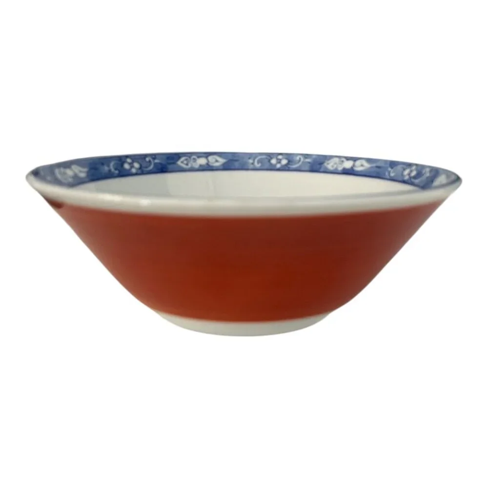 Vintage Chinese Porcelain Bowl Red Exterior Blue White Phoenix Motif 7.5 Inch